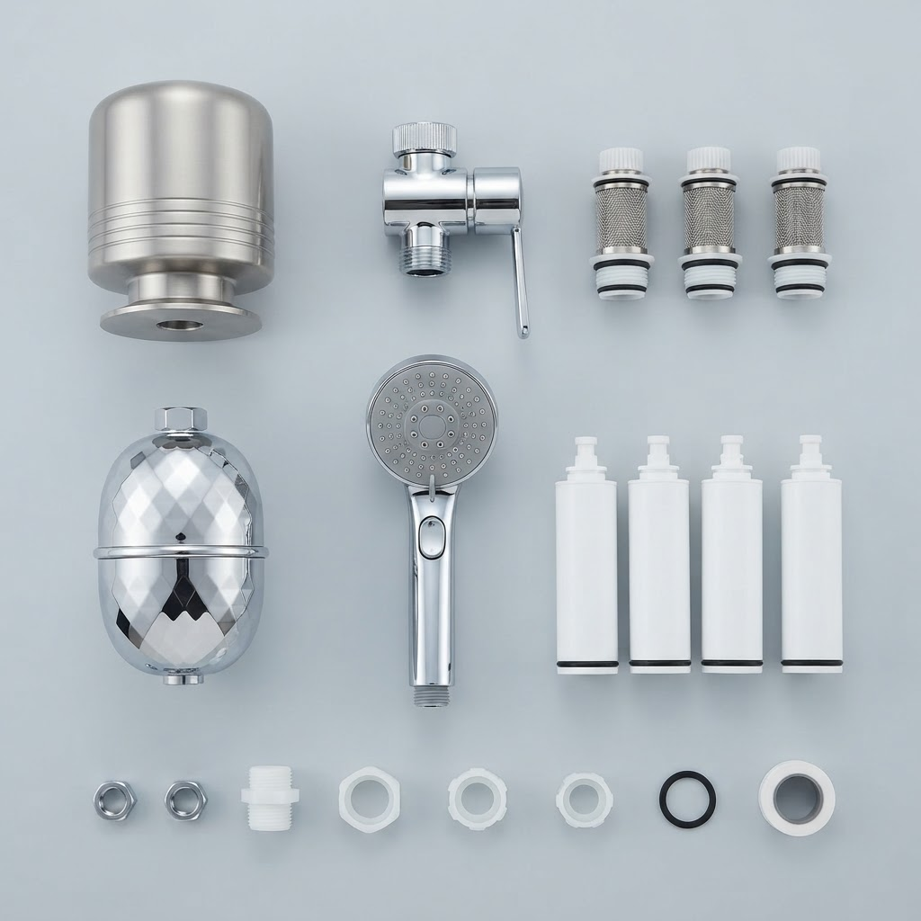 Everything in the box laid out flat: the purifier housing and its chrome tap diverter, the faceted chrome shower filter, the chrome handheld shower wand, and all seven cartridges — three for the tap, four for the shower — plus tap adaptors, washers and thread tape