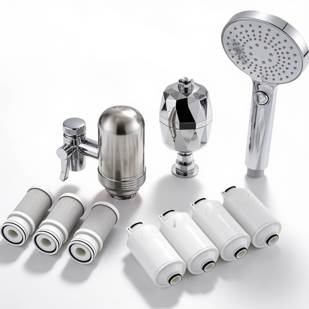 The OzFlow Water Purifier System and the OzFlow Fresh Shower Filter with all seven cartridges