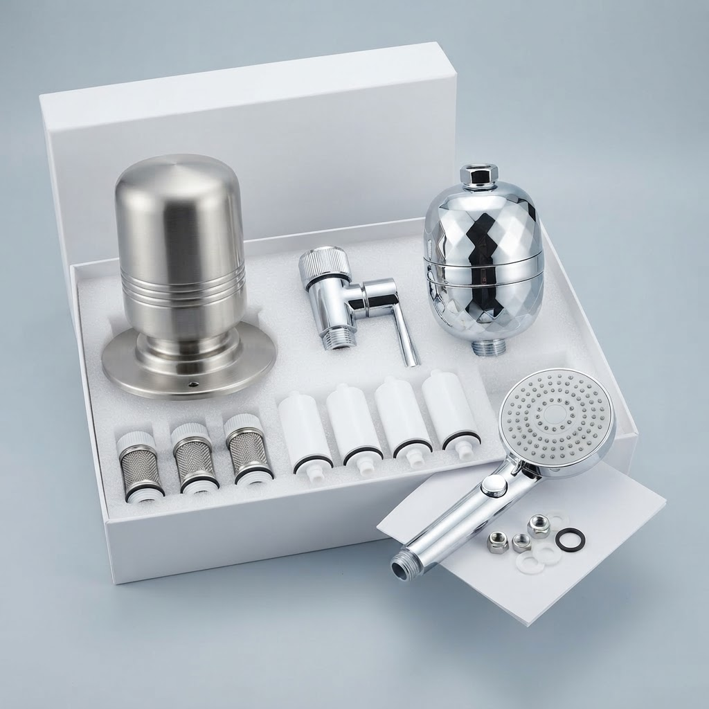 The bundle as it arrives: both filter bodies, the chrome tap diverter, the handheld shower wand, three tap cartridges and four shower cartridges, plus adaptors, washers and the instruction leaflet seated in a moulded foam tray