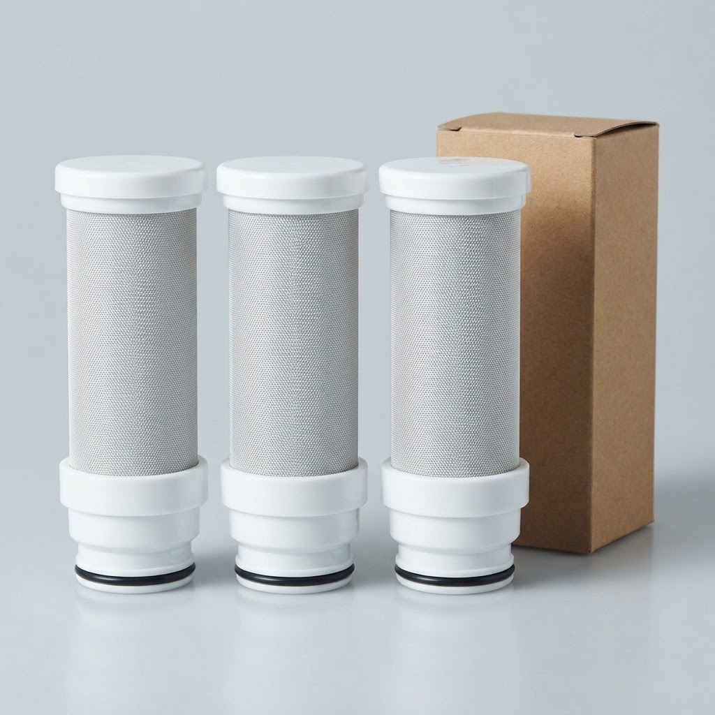 Three OzFlow replacement cartridges with fine mesh screens, white collars and black sealing o-rings, beside a plain kraft carton