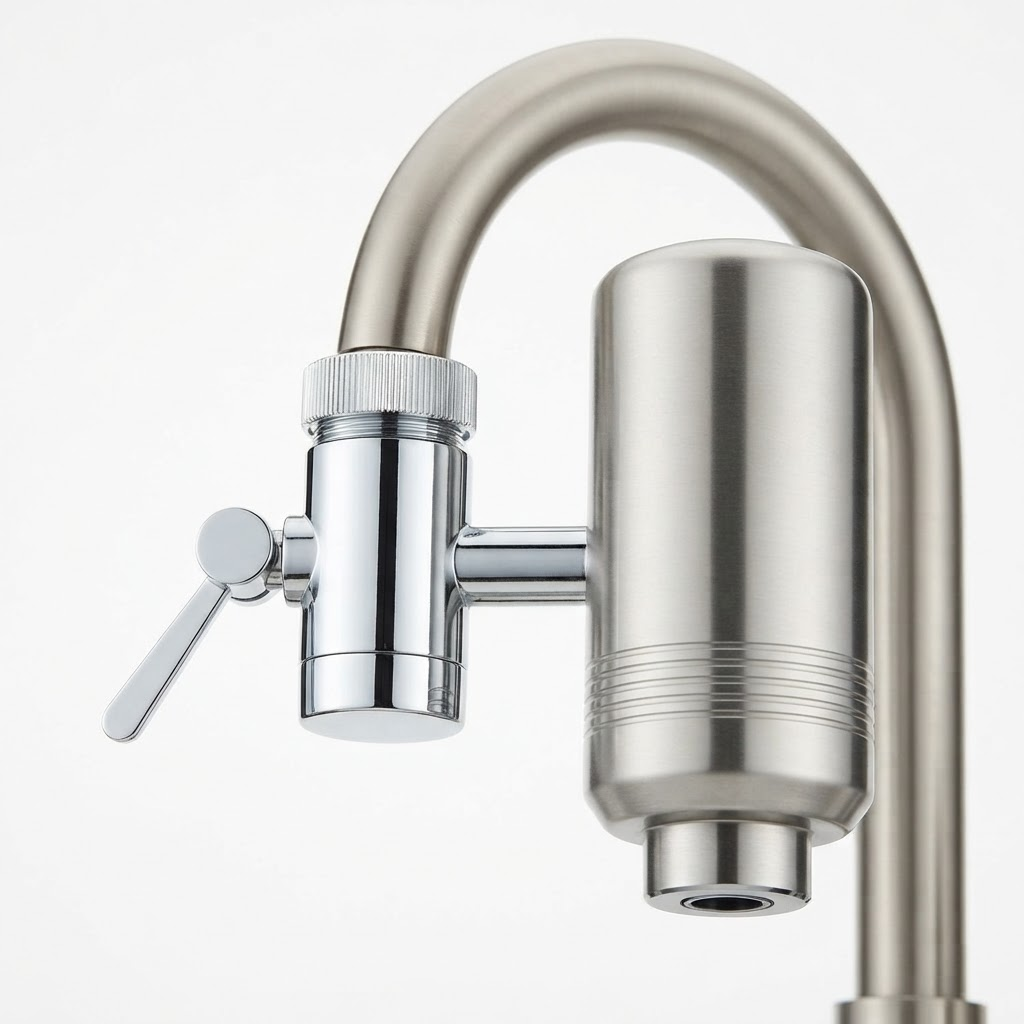 OzFlow Water Purifier System mounted on a gooseneck mixer tap with filtered water running