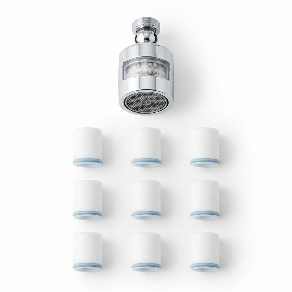 What ships in the box: the OzFlow Rotating Tap Purifier body with all nine white replacement filter cartridges laid out in a grid