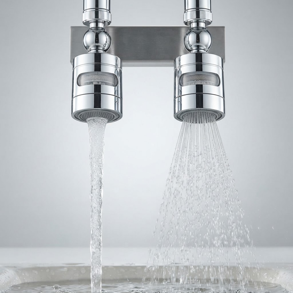 The two outlet modes side by side: a single aerated stream for filling glasses and a wide fan spray for rinsing