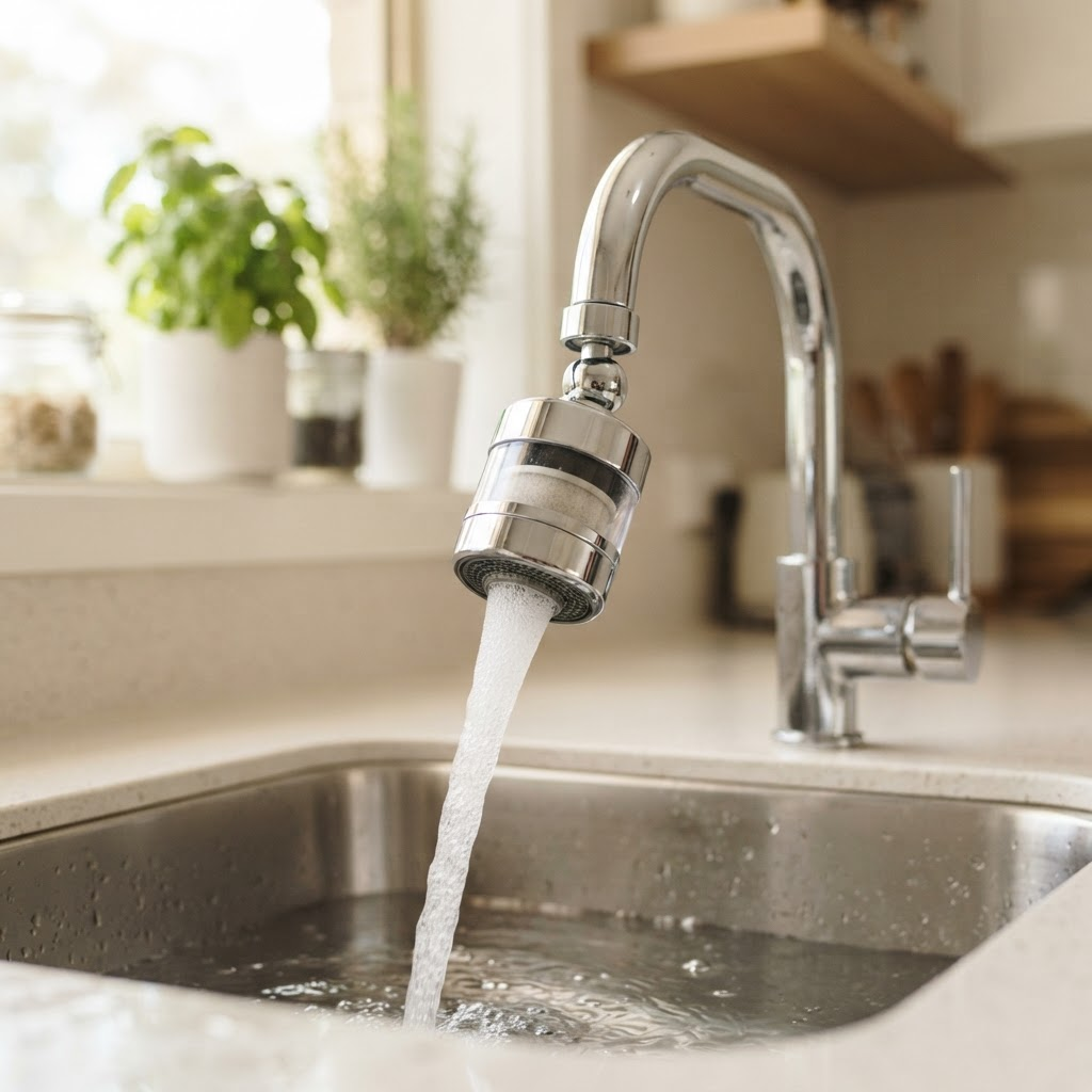 The OzFlow Rotating Tap Purifier fitted to a kitchen mixer tap, swivelled to one side with filtered water running into the sink