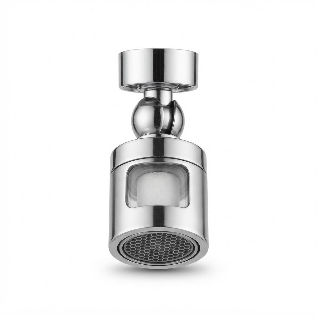 The OzFlow Rotating Tap Purifier on its own: a polished chrome tap attachment with a ball swivel joint, a clear window showing the filter cartridge inside, and a honeycomb aerator outlet