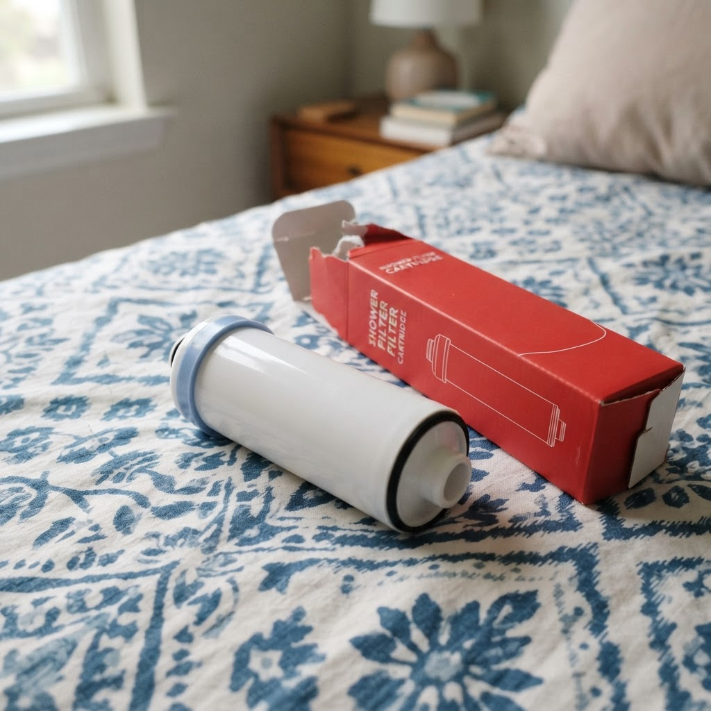 A replacement shower cartridge unpacked beside its carton