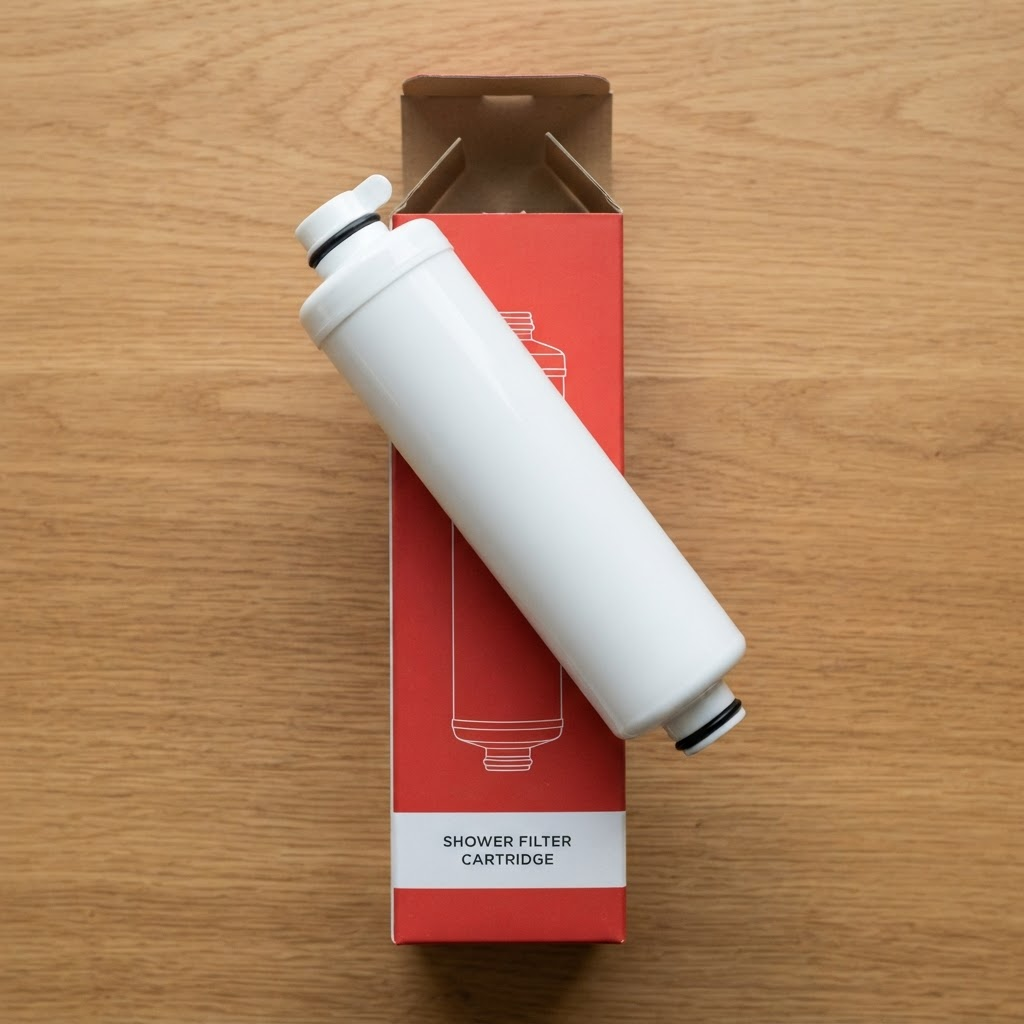 A replacement shower cartridge resting on its opened retail carton