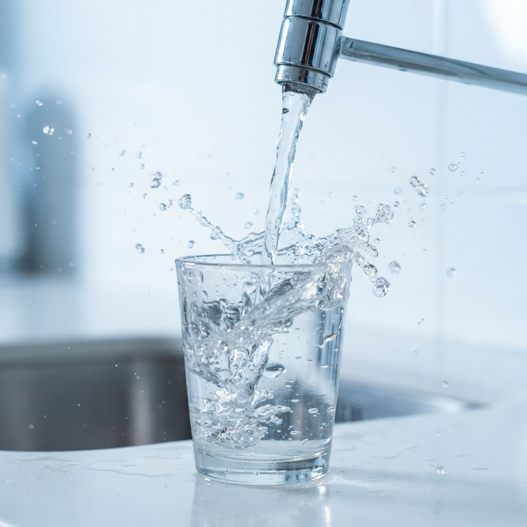 Water pouring from a tap into a clear glass